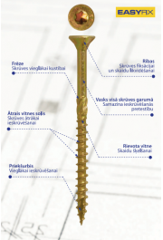 Skrūve koka konstrukcijam EASY-FIX  6.0x200 Torx30, 100gb dzelteni cinkota, zeņķa galva, griezējgals.