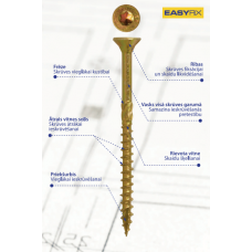 Skrūve koka konstrukcijam EASY-FIX  6.0x100 Torx30, 100gb dzelteni cinkota, zeņķa galva, griezējgals.