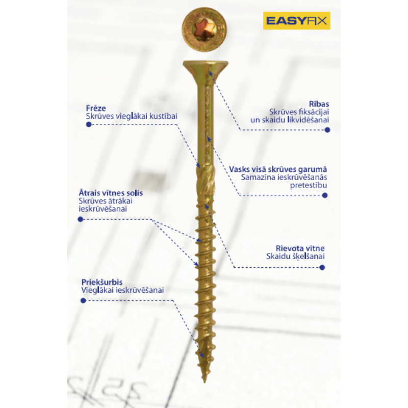 Skrūve koka konstrukcijam EASY-FIX  4.0x60 Torx20, 100gb dzelteni cinkota, zeņķa galva, griezējgals.